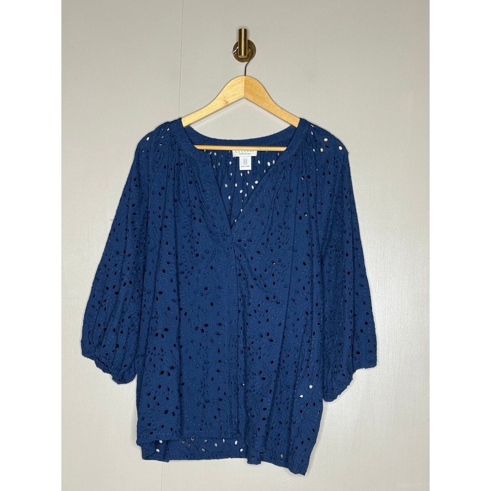 Calypso St. Barth Navy Blue Eyelet Cotton Tunic Top Balloon Sleeve Size 1X